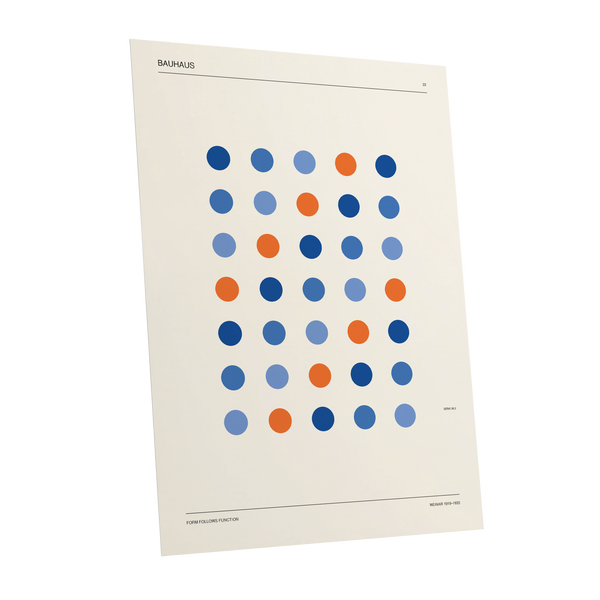Bauhaus Dot Rhythm, beige, blue, orange minimalist wall art shown as a unframed poster wall art print