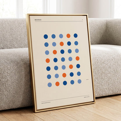 Bauhaus Dot Rhythm, beige, blue, orange minimalist wall art displayed in a styled interior, gallery view 1