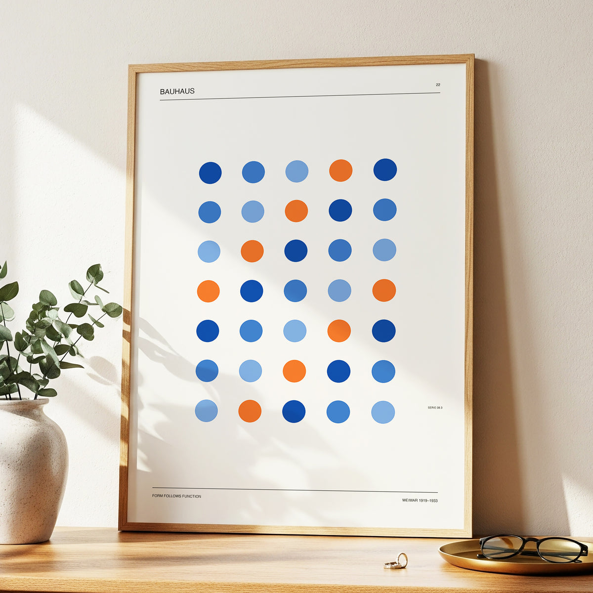 Bauhaus Dot Rhythm, beige, blue, orange minimalist wall art displayed in a styled interior, gallery view 2