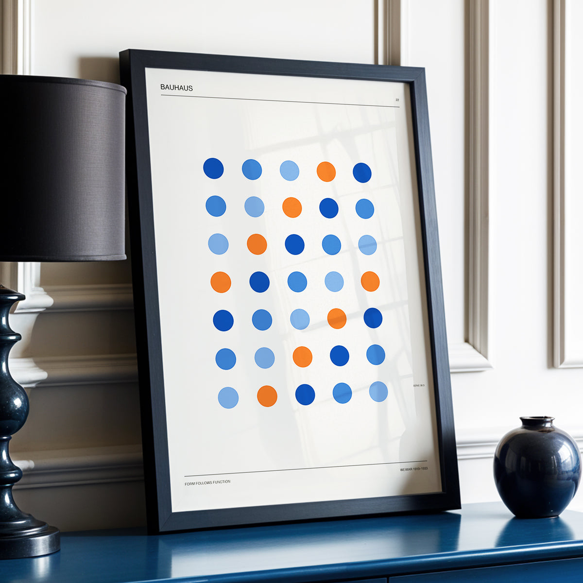 Bauhaus Dot Rhythm, beige, blue, orange minimalist wall art displayed in a styled interior, gallery view 3