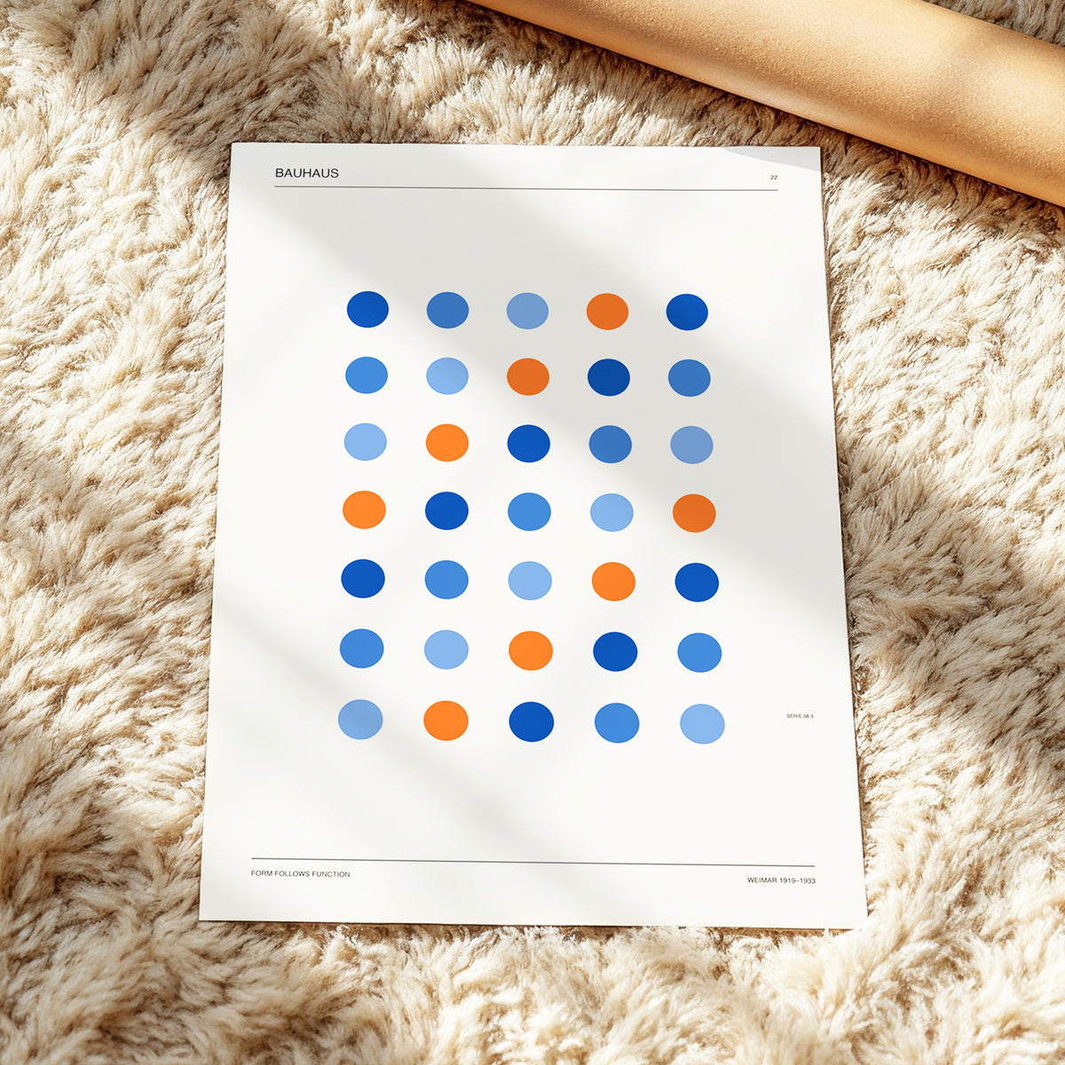 Bauhaus Dot Rhythm, beige, blue, orange minimalist wall art displayed in a styled interior, gallery view 4