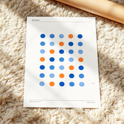 Bauhaus Dot Rhythm, beige, blue, orange minimalist wall art displayed in a styled interior, gallery view 4