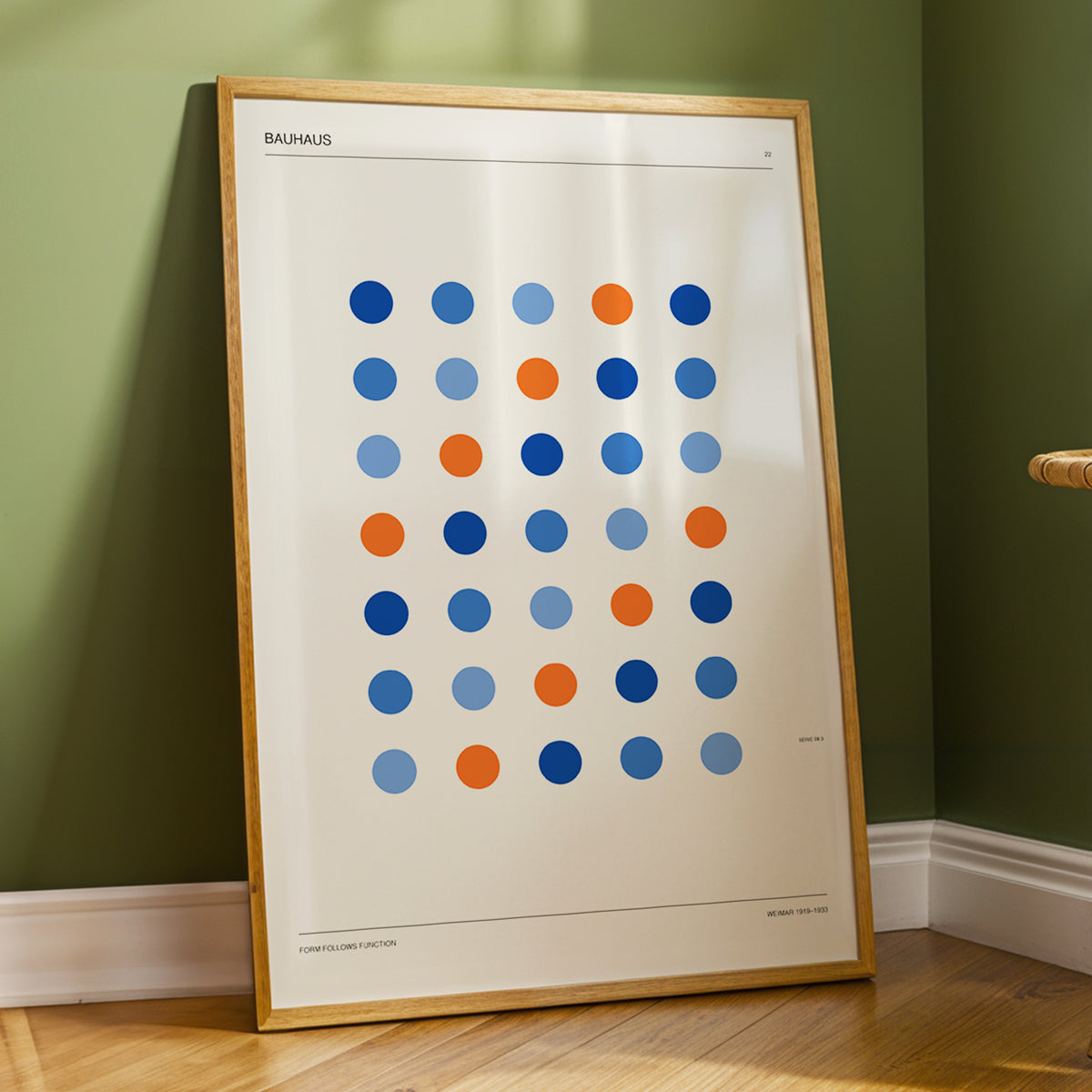 Bauhaus Dot Rhythm, beige, blue, orange minimalist wall art displayed in a styled interior, gallery view 5