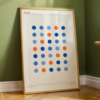 Bauhaus Dot Rhythm, beige, blue, orange minimalist wall art displayed in a styled interior, gallery view 5