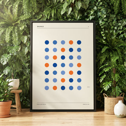 Bauhaus Dot Rhythm, beige, blue, orange minimalist wall art displayed in a styled interior, gallery view 6