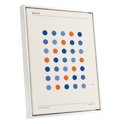 Bauhaus Dot Rhythm, beige, blue, orange minimalist wall art shown as a white framed canvas wall art