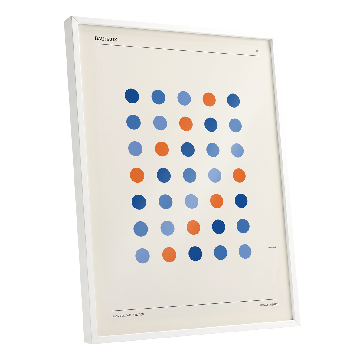 Bauhaus Dot Rhythm, beige, blue, orange minimalist wall art shown as a white framed poster wall art print