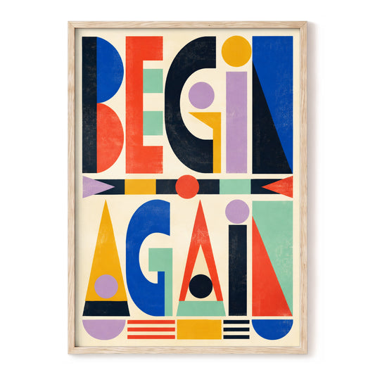 Bauhaus Letterplay, beige, blue, red abstract wall art, front artwork view