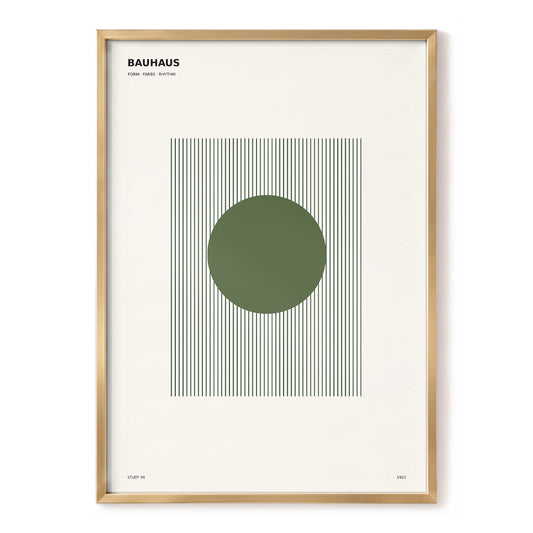 Bauhaus Orb Study, green, beige, black minimalist wall art, front artwork view