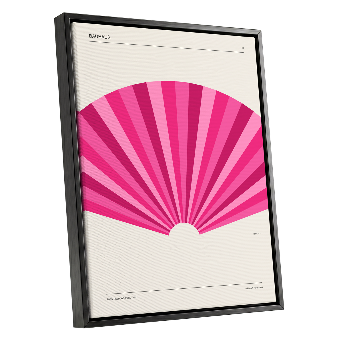 Bauhaus Pink Radiance, pink, beige minimalist wall art shown as a black framed canvas wall art