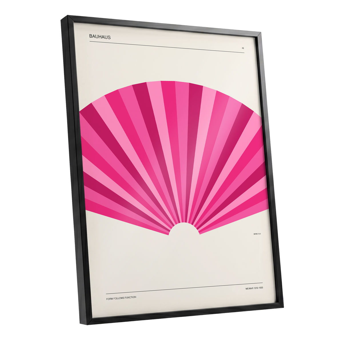 Bauhaus Pink Radiance, pink, beige minimalist wall art shown as a black framed poster wall art print