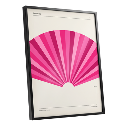 Bauhaus Pink Radiance, pink, beige minimalist wall art shown as a black framed poster wall art print