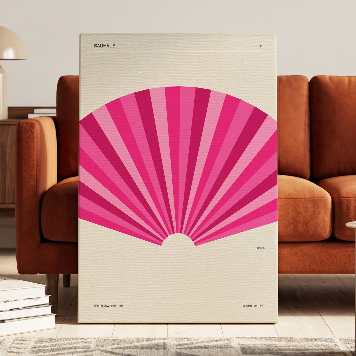 Bauhaus Pink Radiance, pink, beige minimalist wall art on canvas displayed in a styled interior, gallery view 1