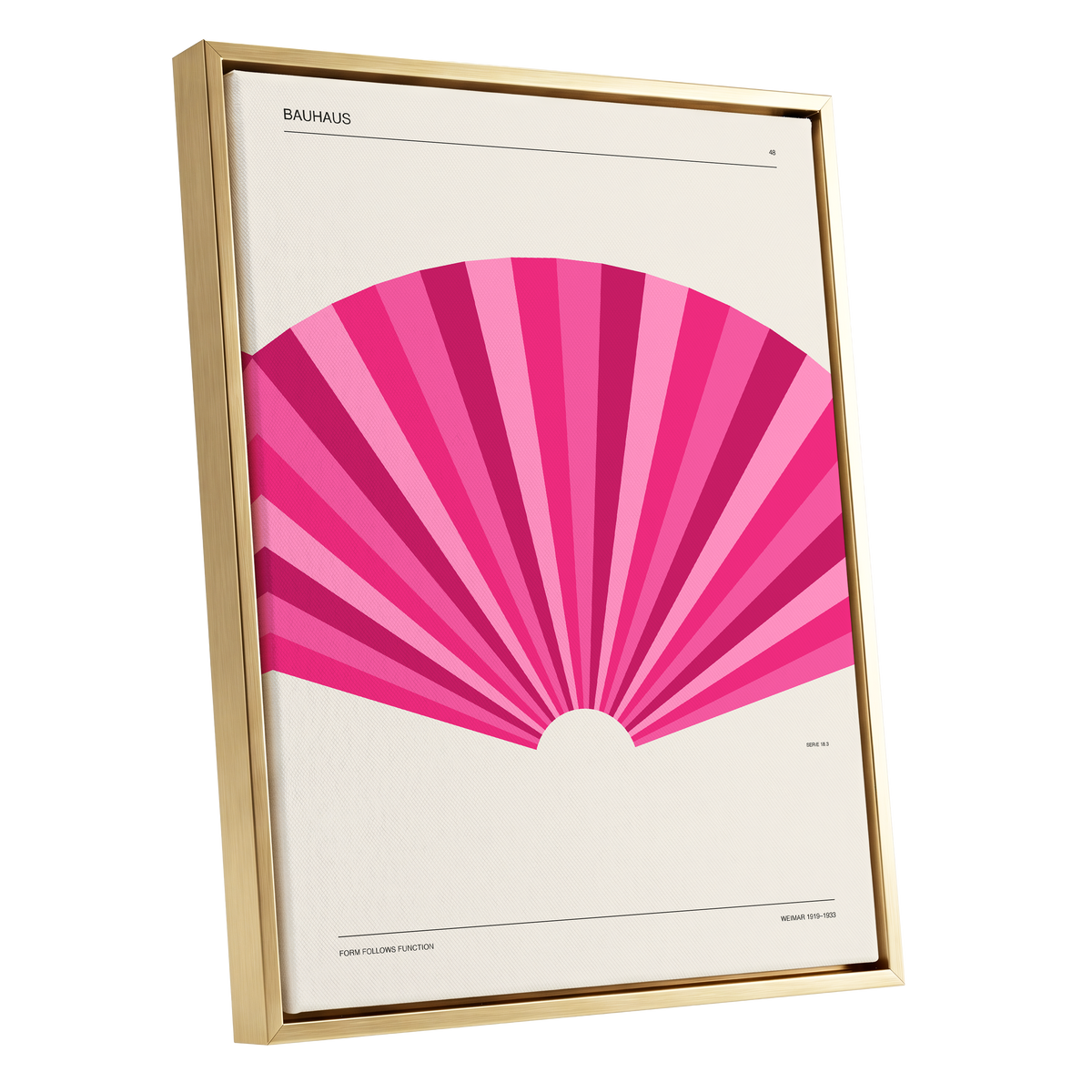 Bauhaus Pink Radiance, pink, beige minimalist wall art shown as a gold framed canvas wall art