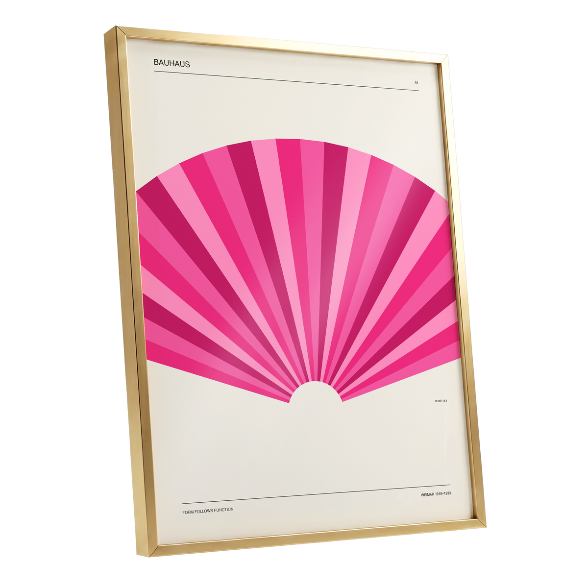 Bauhaus Pink Radiance, pink, beige minimalist wall art shown as a gold framed poster wall art print