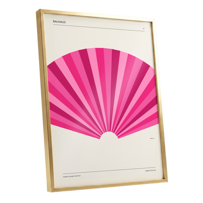 Bauhaus Pink Radiance, pink, beige minimalist wall art shown as a gold framed poster wall art print