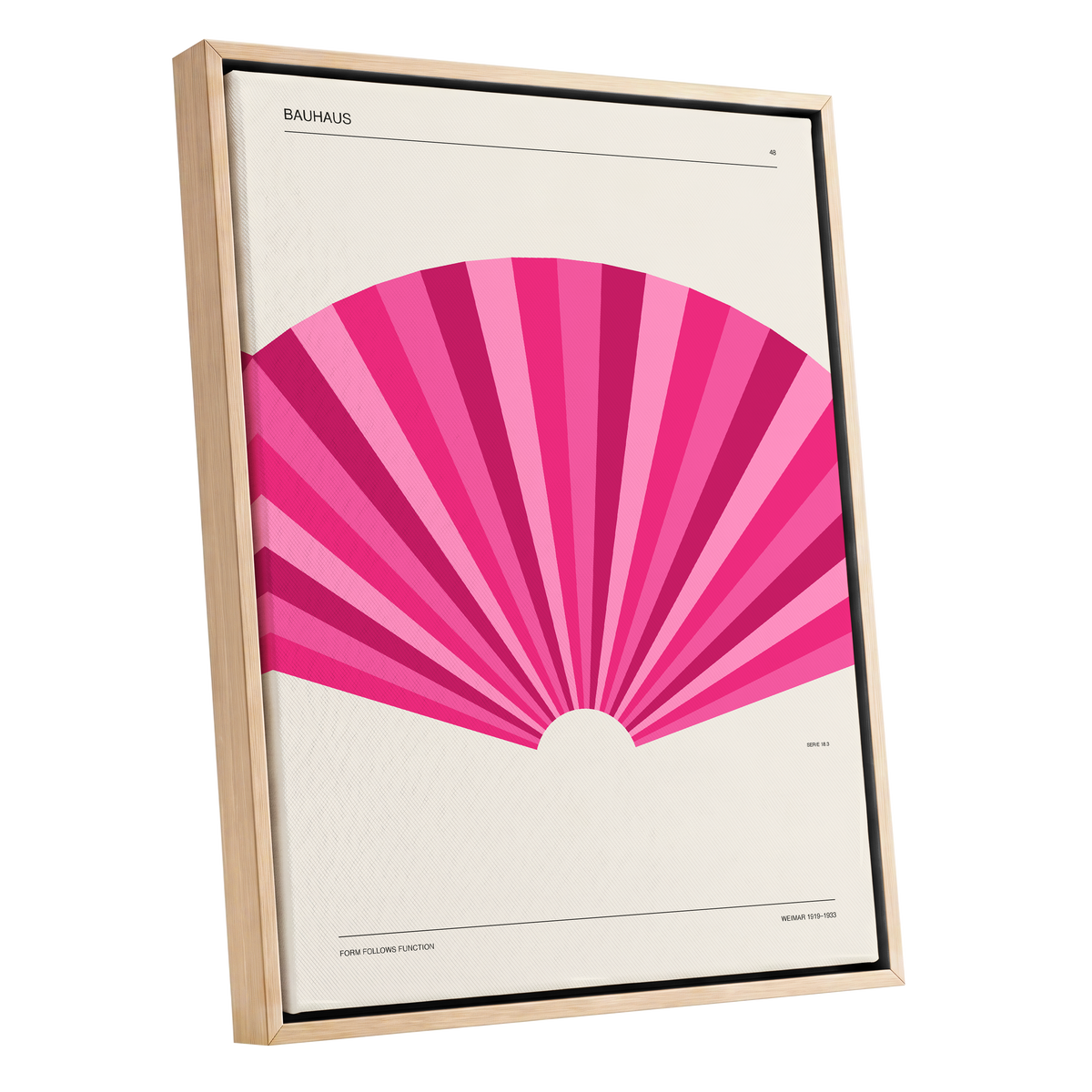 Bauhaus Pink Radiance, pink, beige minimalist wall art shown as a oak framed canvas wall art
