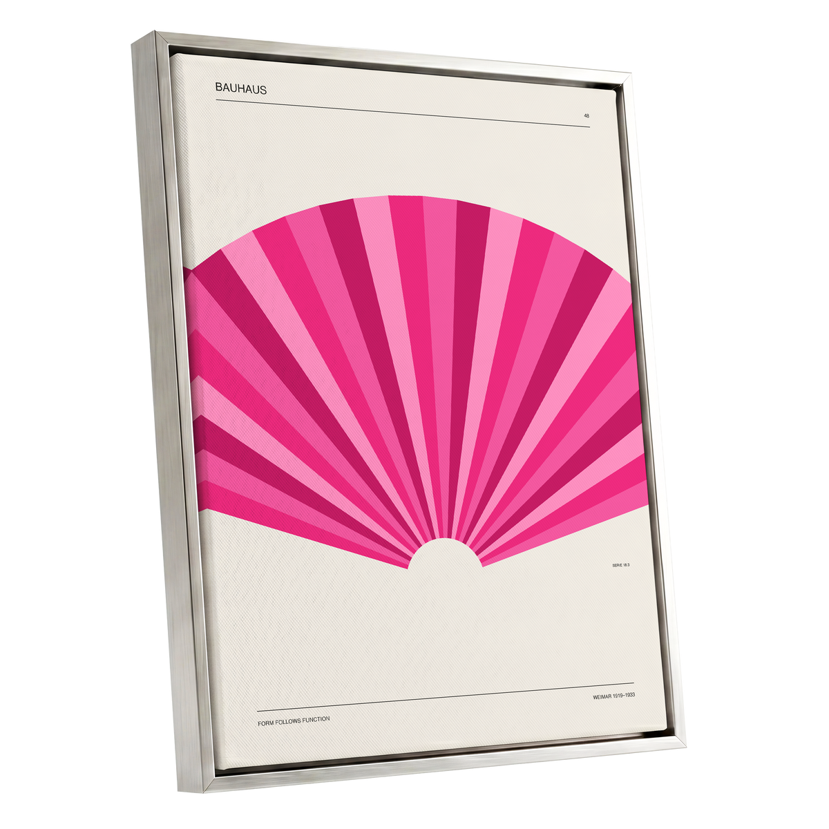 Bauhaus Pink Radiance, pink, beige minimalist wall art shown as a silver framed canvas wall art