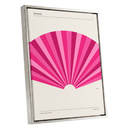 Bauhaus Pink Radiance, pink, beige minimalist wall art shown as a silver framed canvas wall art
