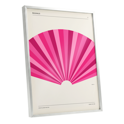 Bauhaus Pink Radiance, pink, beige minimalist wall art shown as a silver framed poster wall art print