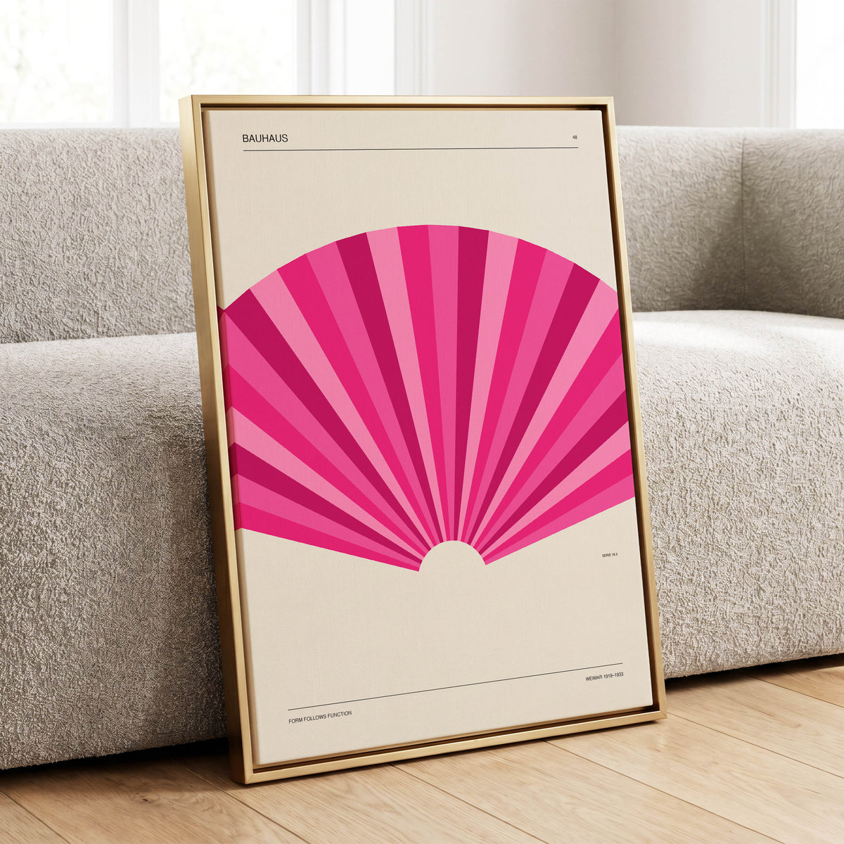 Bauhaus Pink Radiance, pink, beige minimalist wall art displayed in a styled interior, gallery view 1