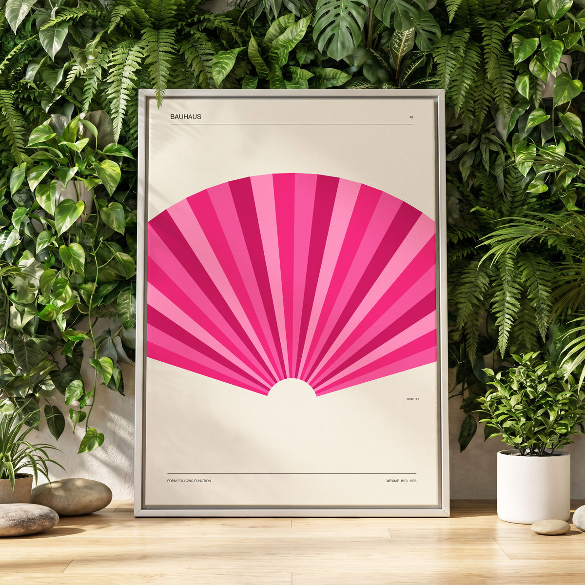 Bauhaus Pink Radiance, pink, beige minimalist wall art displayed in a styled interior, gallery view 2