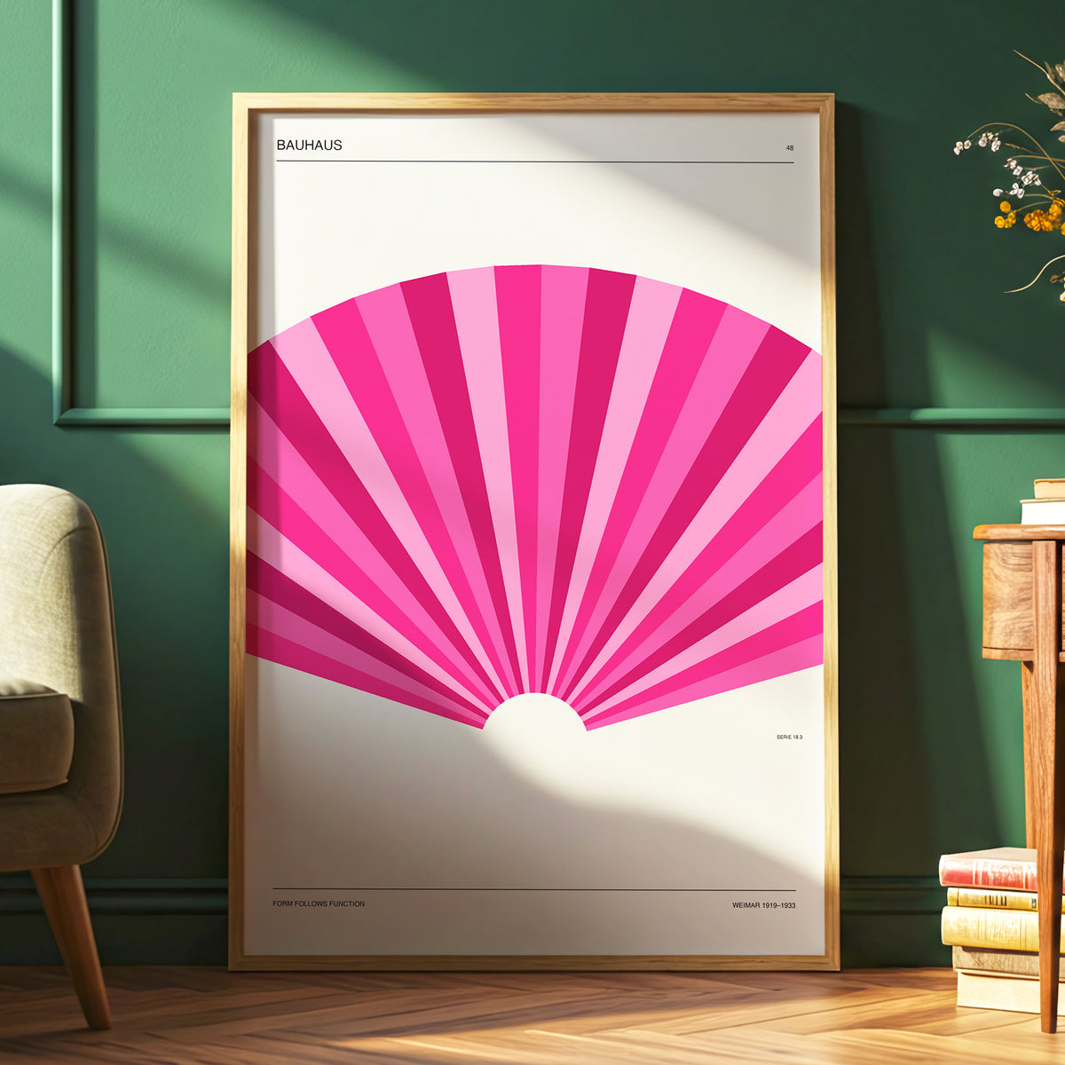 Bauhaus Pink Radiance, pink, beige minimalist wall art displayed in a styled interior, gallery view 6