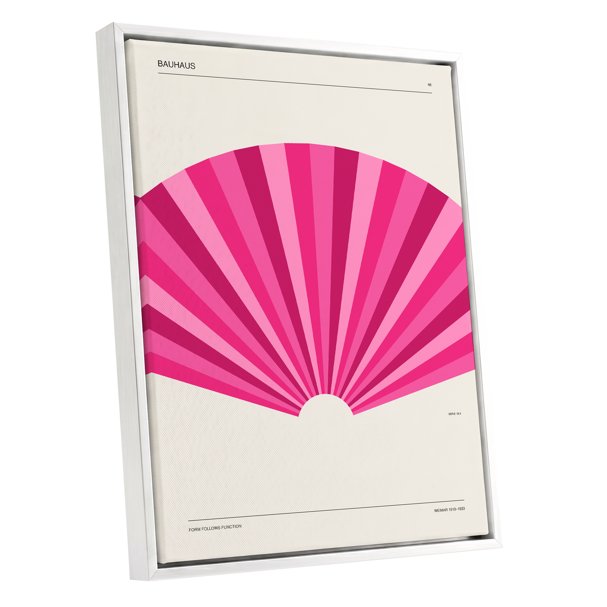 Bauhaus Pink Radiance, pink, beige minimalist wall art shown as a white framed canvas wall art