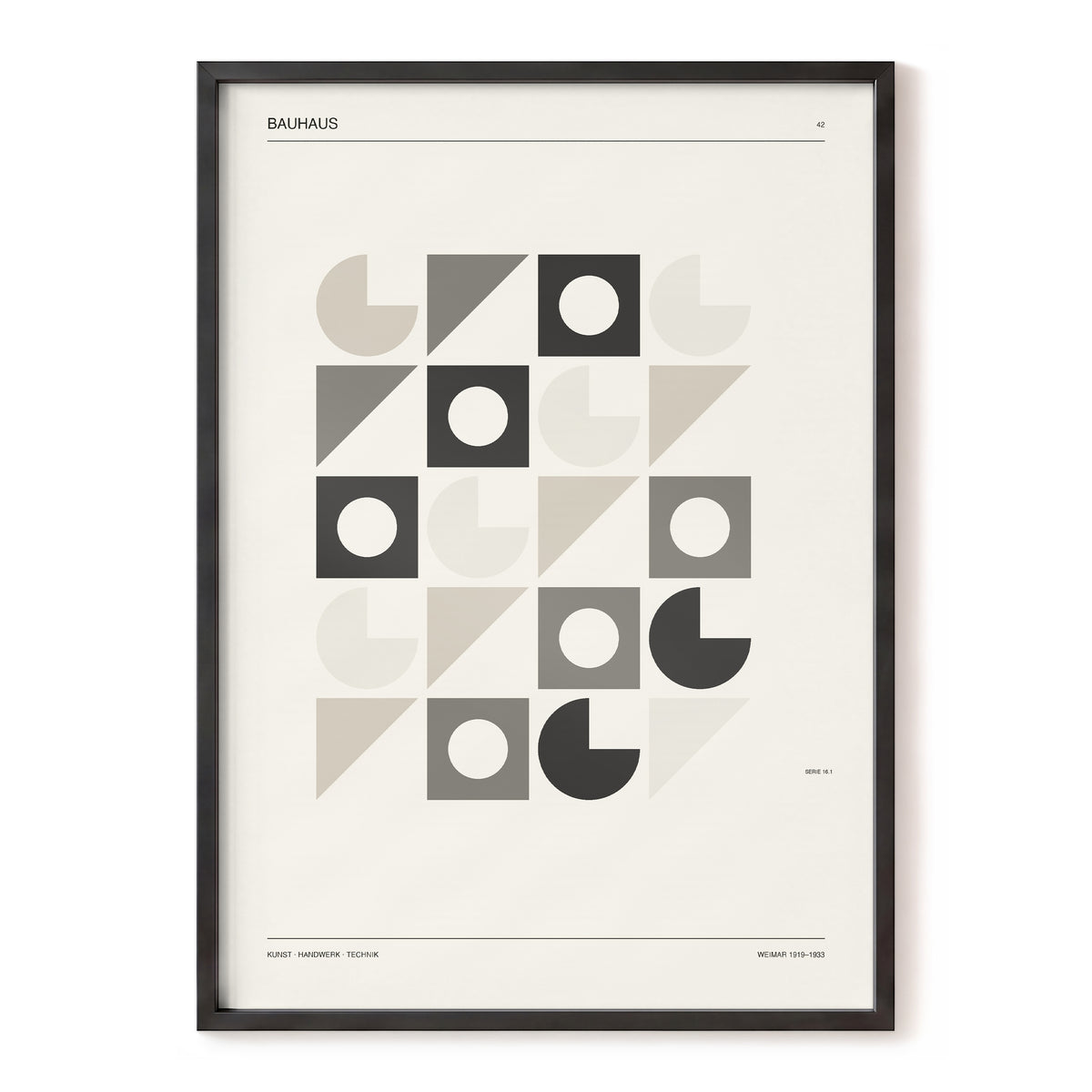 Bauhaus Rhythm Grid, beige, gray, black abstract wall art, front artwork view