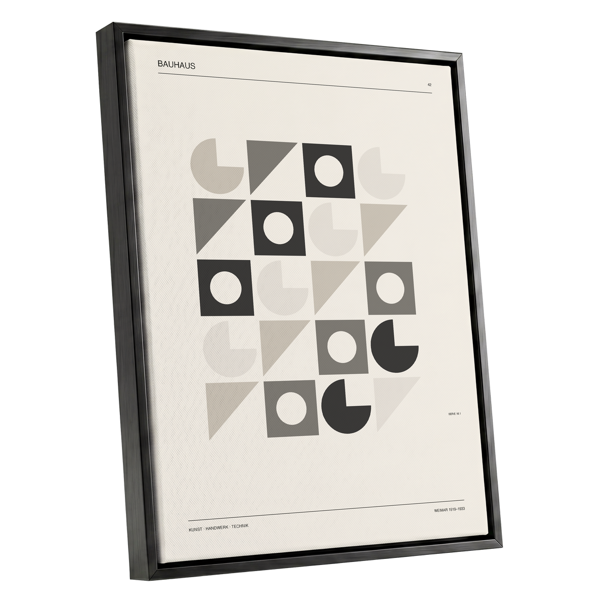 Bauhaus Rhythm Grid, beige, gray, black abstract wall art shown as a black framed canvas wall art