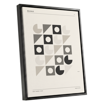 Bauhaus Rhythm Grid, beige, gray, black abstract wall art shown as a black framed canvas wall art