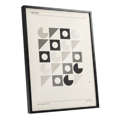 Bauhaus Rhythm Grid, beige, gray, black abstract wall art shown as a black framed poster wall art print