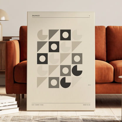 Bauhaus Rhythm Grid, beige, gray, black abstract wall art on canvas displayed in a styled interior, gallery view 1