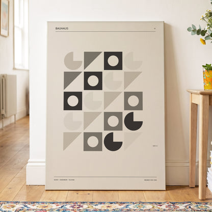 Bauhaus Rhythm Grid, beige, gray, black abstract wall art on canvas displayed in a styled interior, gallery view 2