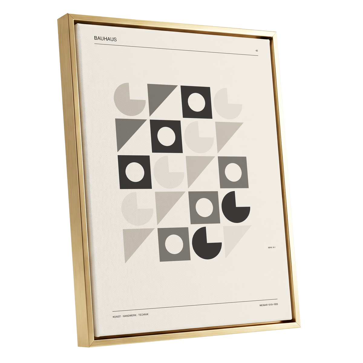 Bauhaus Rhythm Grid, beige, gray, black abstract wall art shown as a gold framed canvas wall art