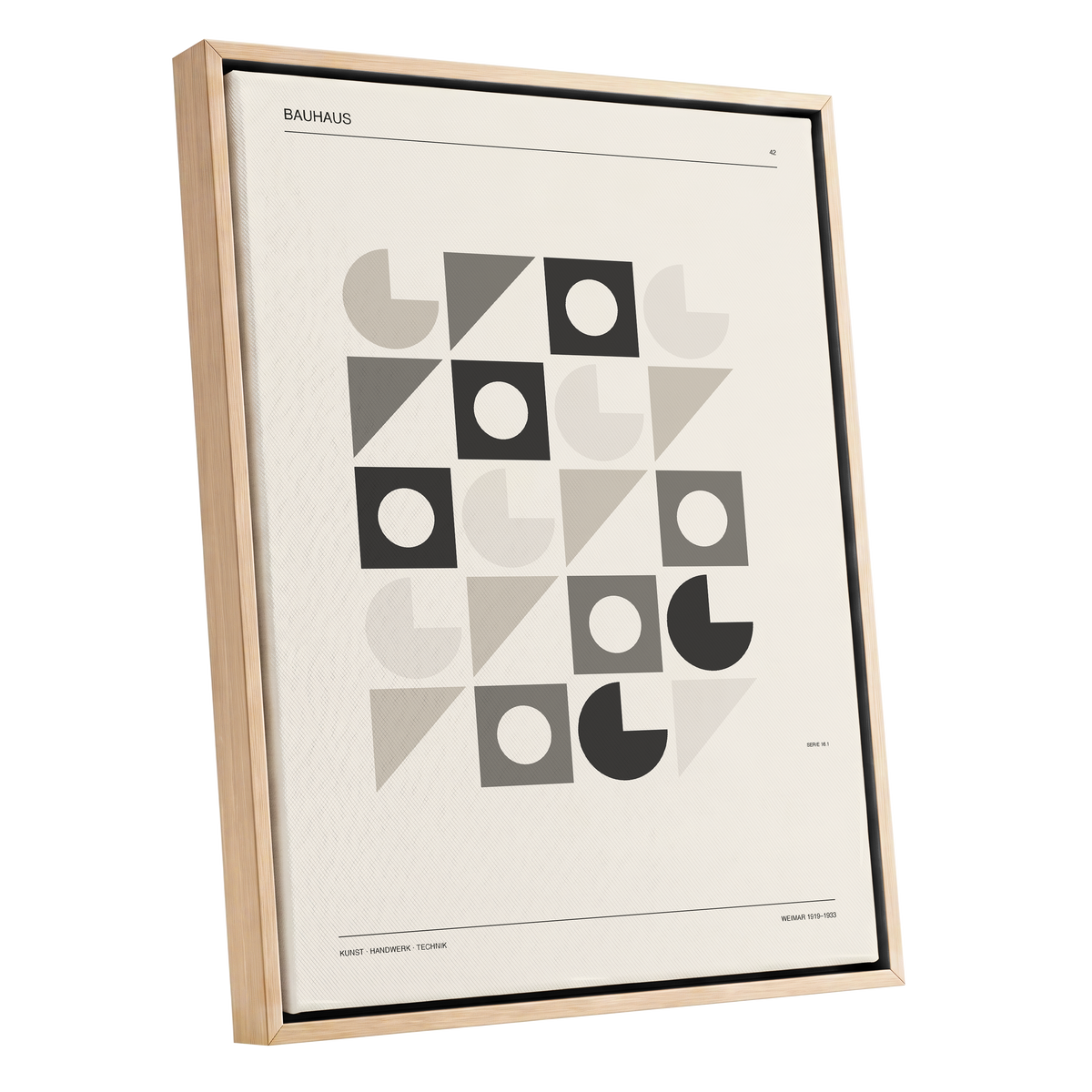 Bauhaus Rhythm Grid, beige, gray, black abstract wall art shown as a oak framed canvas wall art
