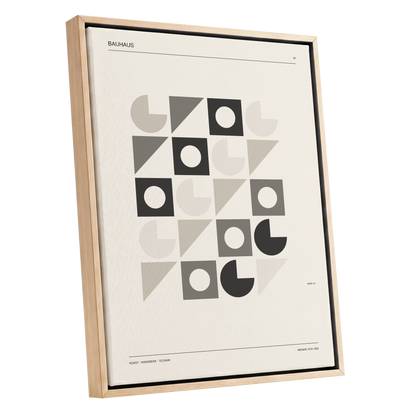 Bauhaus Rhythm Grid, beige, gray, black abstract wall art shown as a oak framed canvas wall art