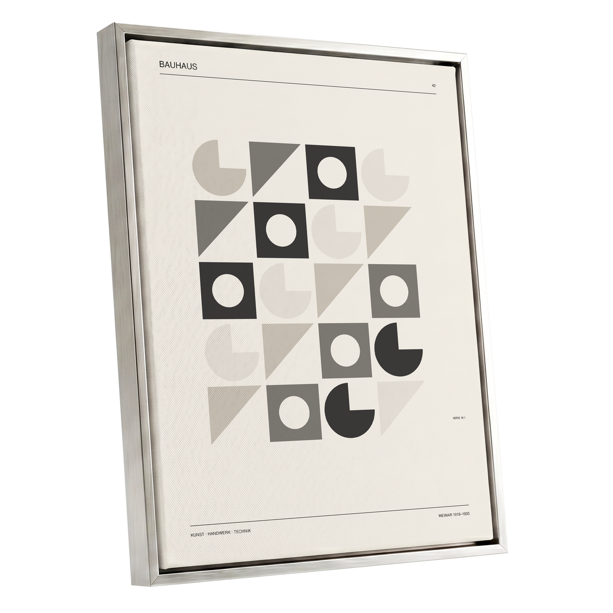 Bauhaus Rhythm Grid, beige, gray, black abstract wall art shown as a silver framed canvas wall art