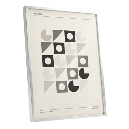Bauhaus Rhythm Grid, beige, gray, black abstract wall art shown as a silver framed poster wall art print