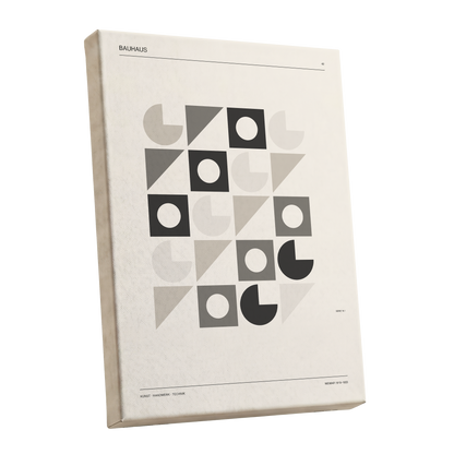 Bauhaus Rhythm Grid, beige, gray, black abstract wall art shown as a stretched canvas wall art
