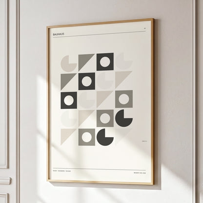 Bauhaus Rhythm Grid, beige, gray, black abstract wall art displayed in a styled interior, gallery view 2