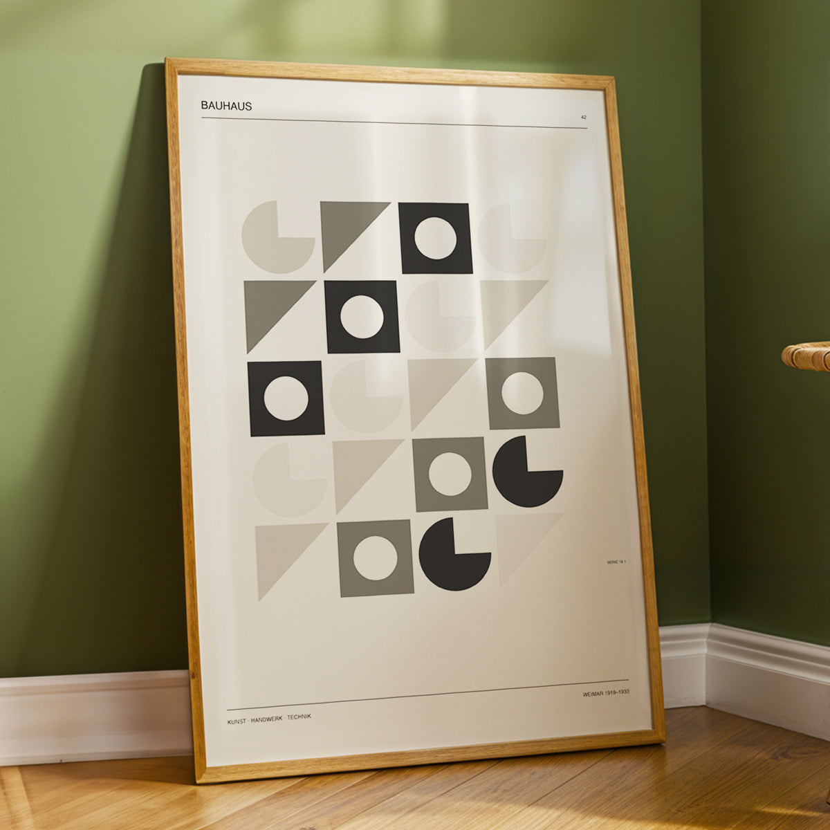 Bauhaus Rhythm Grid, beige, gray, black abstract wall art displayed in a styled interior, gallery view 4