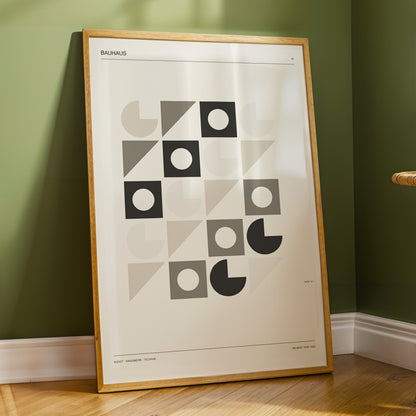 Bauhaus Rhythm Grid, beige, gray, black abstract wall art displayed in a styled interior, gallery view 4