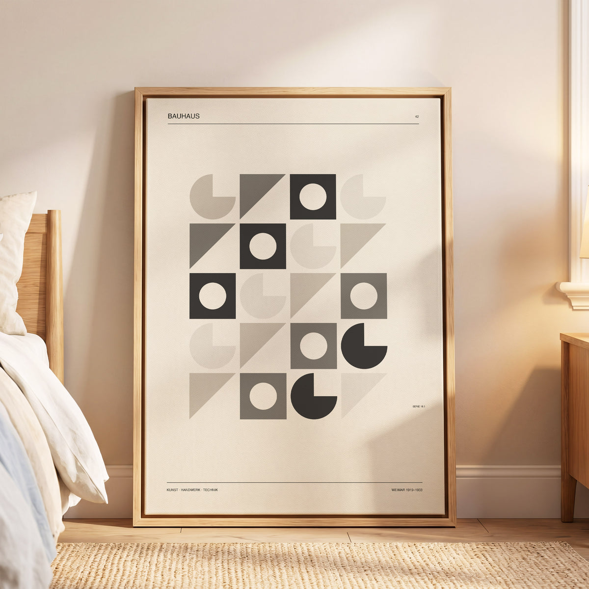 Bauhaus Rhythm Grid, beige, gray, black abstract wall art displayed in a styled interior, gallery view 6
