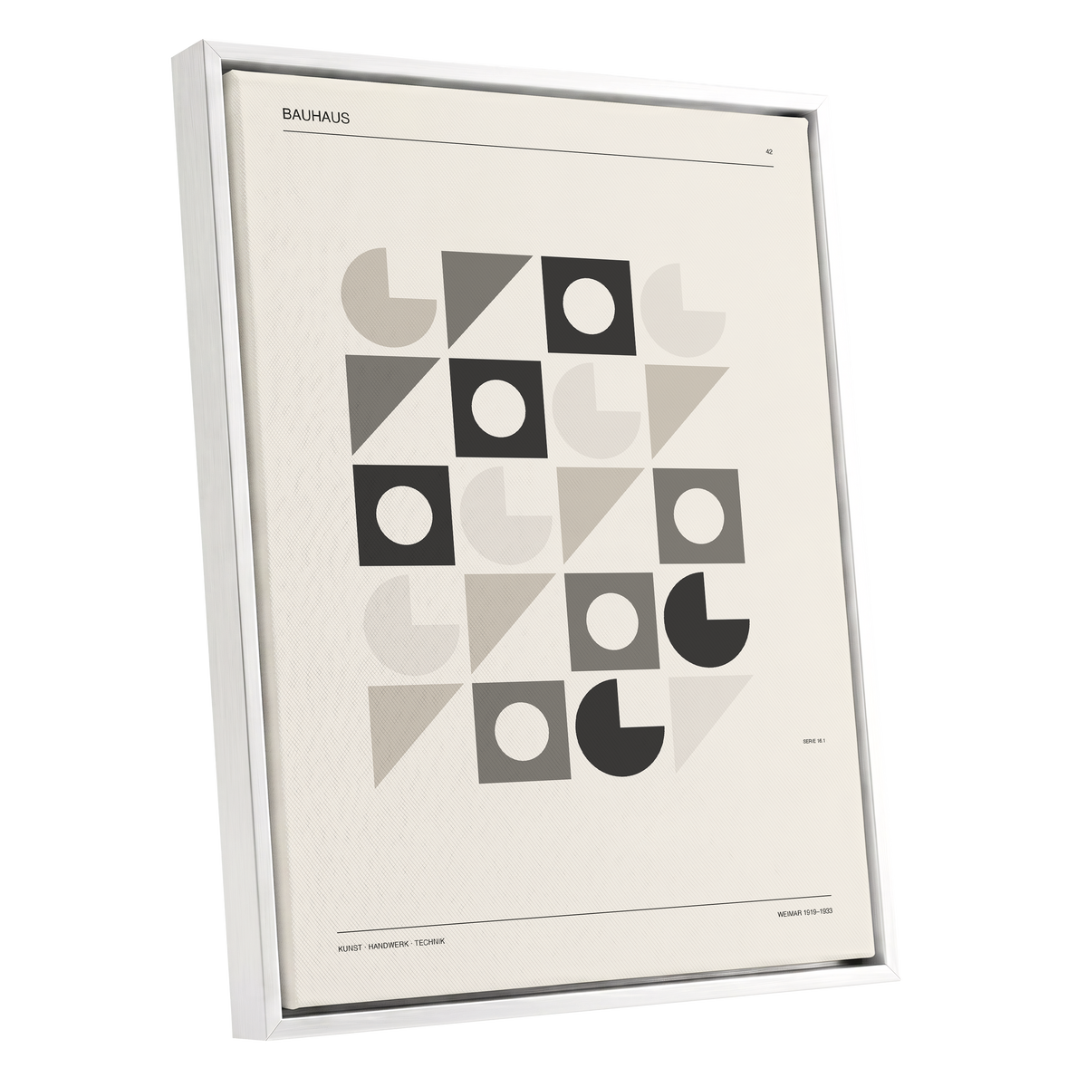 Bauhaus Rhythm Grid, beige, gray, black abstract wall art shown as a white framed canvas wall art