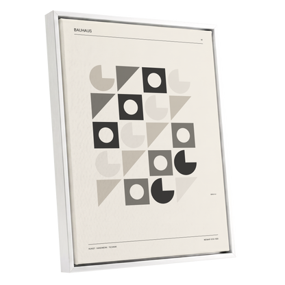 Bauhaus Rhythm Grid, beige, gray, black abstract wall art shown as a white framed canvas wall art