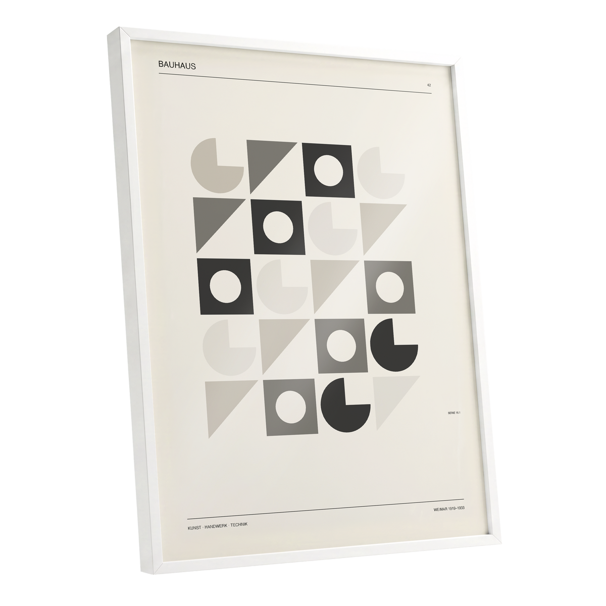 Bauhaus Rhythm Grid, beige, gray, black abstract wall art shown as a white framed poster wall art print