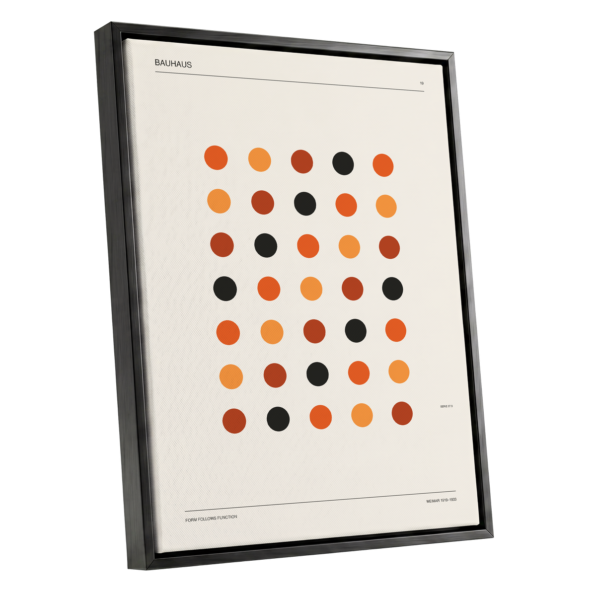 Bauhaus Rhythm No. 19, beige, orange, brown minimalist wall art shown as a black framed canvas wall art