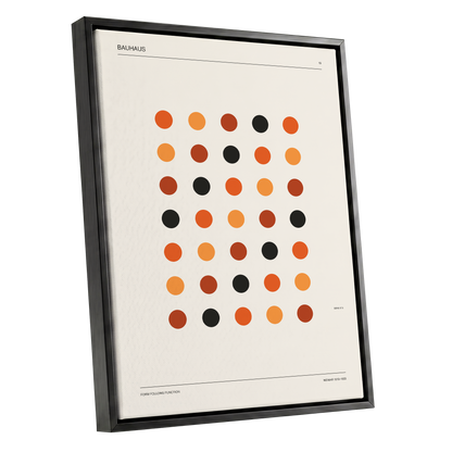 Bauhaus Rhythm No. 19, beige, orange, brown minimalist wall art shown as a black framed canvas wall art
