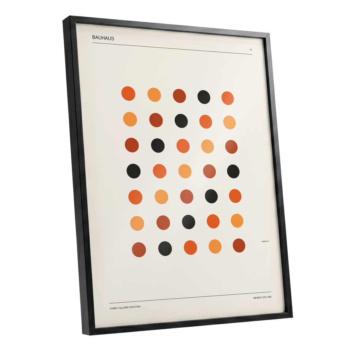 Bauhaus Rhythm No. 19, beige, orange, brown minimalist wall art shown as a black framed poster wall art print